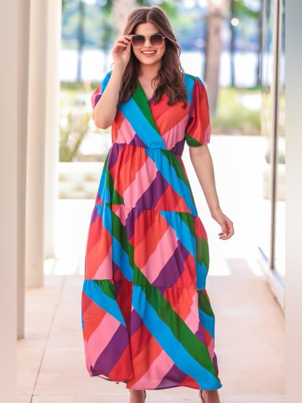 Bright Multi-Color Maxi Dress with Puff Sleeves—NWOT